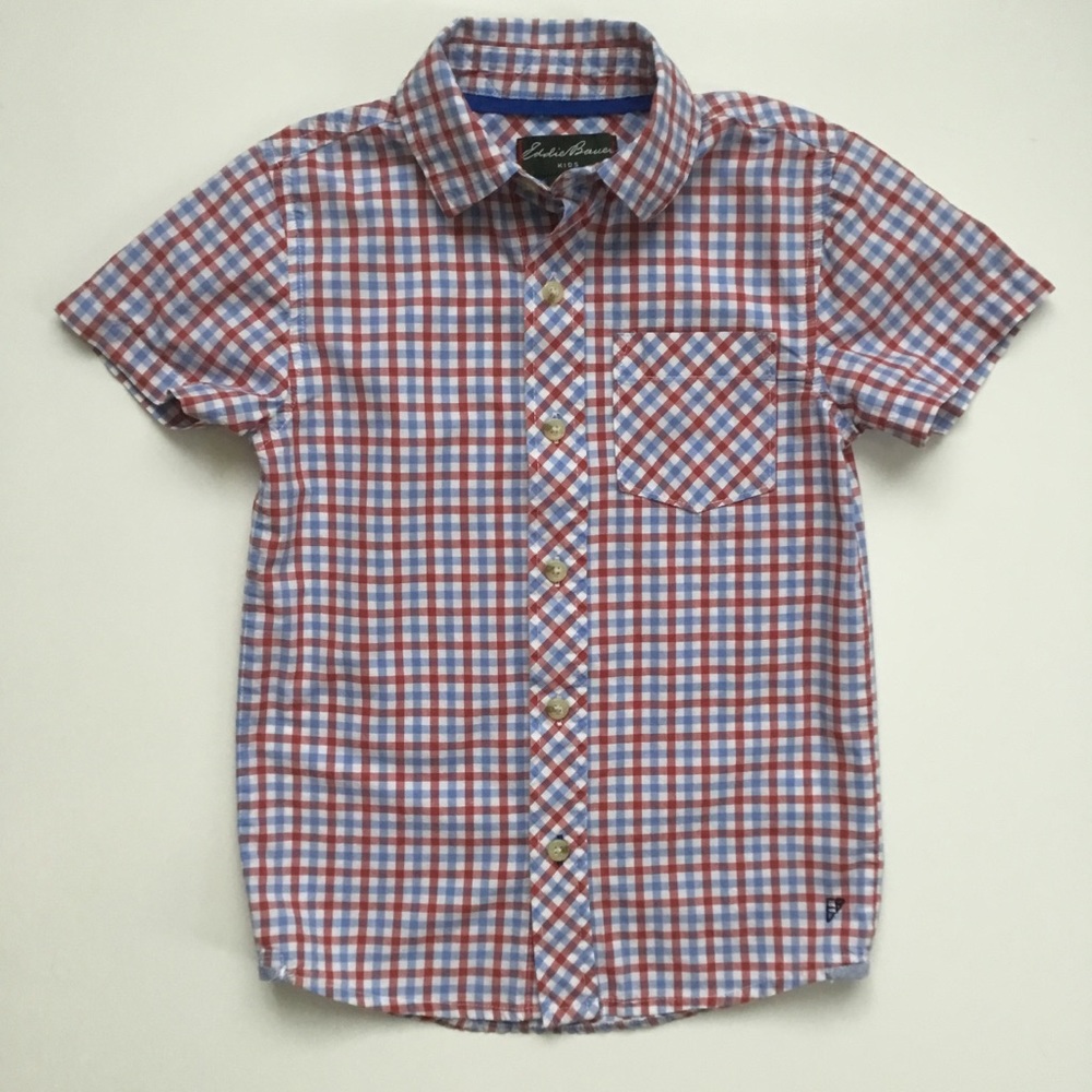 S/S Button Up Shirt, Red Blue Check, Sz 7, 6-7